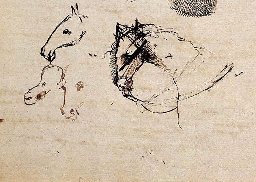 На этой картинке, - утверждают пушкинисты, - поэт изобразил иллюстрацию к «Коньку-Горбунку». Справа - взнузданная кобылица, слева - три коня, которых она подарила Ивану. Конь посередине удивительно напоминает самого Пушкина. Фото : Пушкинский Дом 